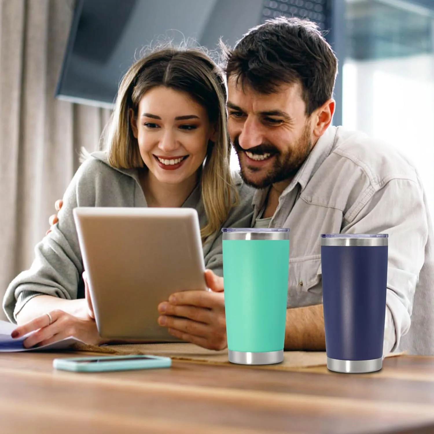 20 oz Tumbler with lid Double Wall Vacuum Insulated Tumblers Stainless Steel Coffee Mug Travel Coffee Tumbler Powder Coated Tumbler Cup Keep Hot&Cold - (Light Blue 6 Pack)