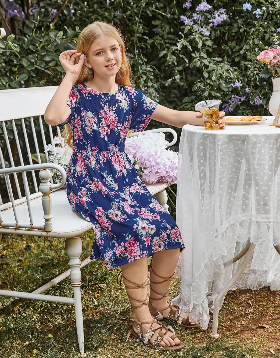 21KIDS Girl Maxi Dress Floral Short Sleeve Dresses with Pockets for Girls 6-14 Years