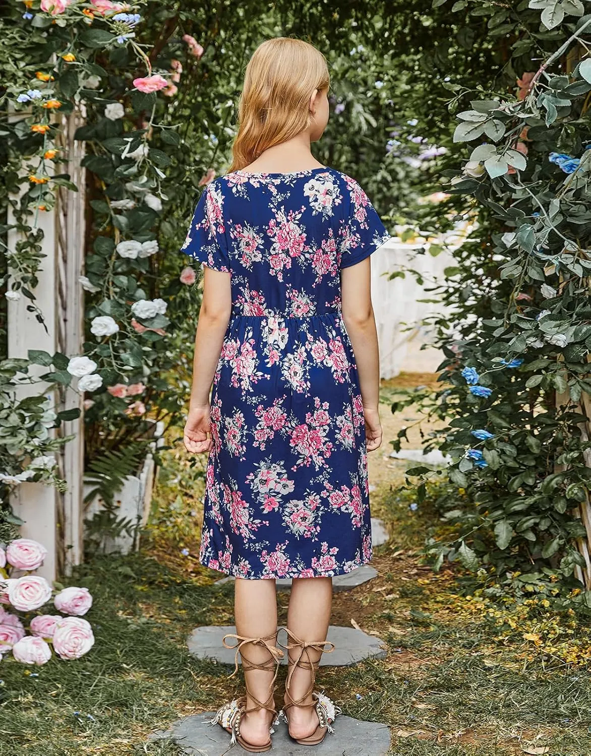 21KIDS Girl Maxi Dress Floral Short Sleeve Dresses with Pockets for Girls 6-14 Years