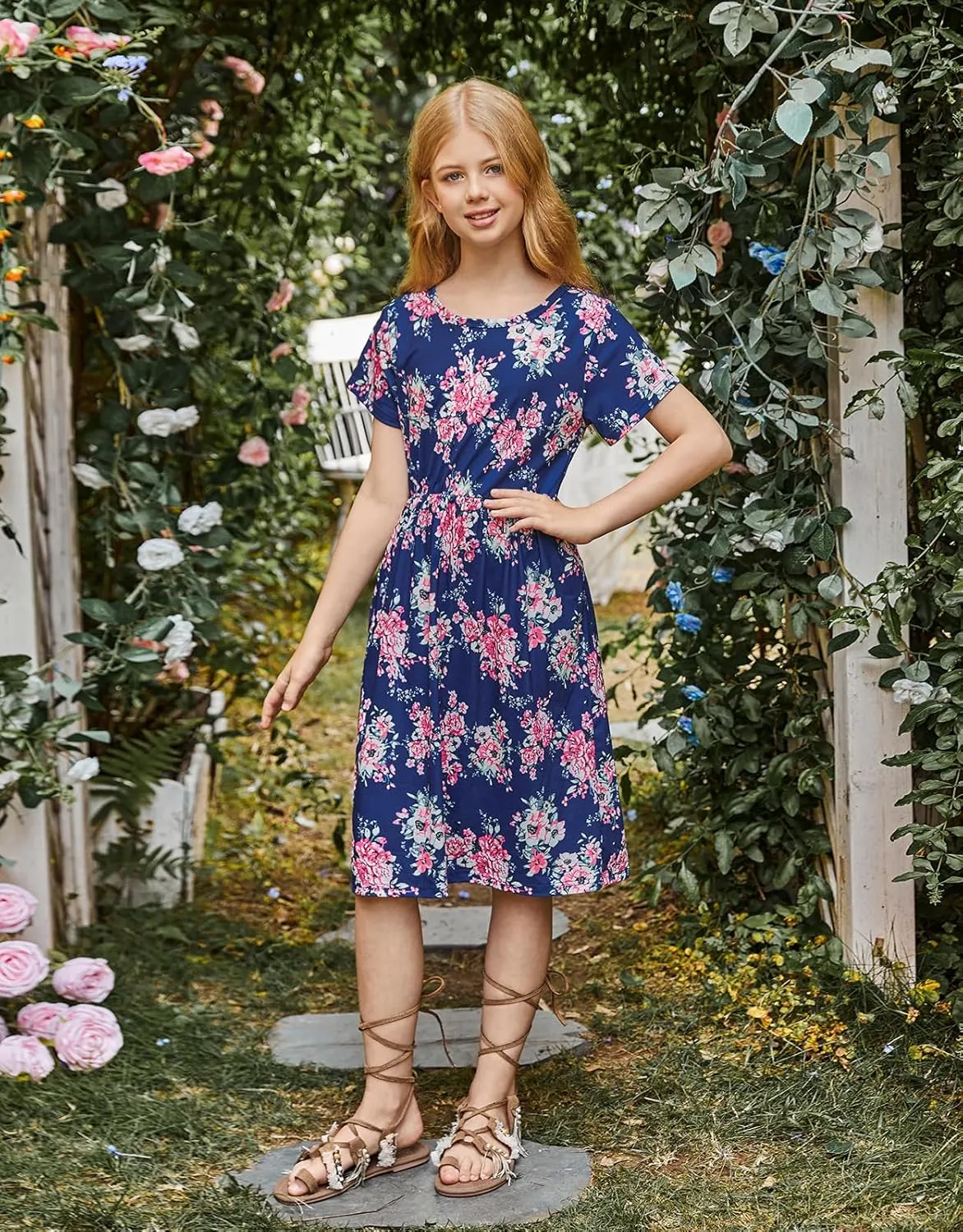 21KIDS Girl Maxi Dress Floral Short Sleeve Dresses with Pockets for Girls 6-14 Years