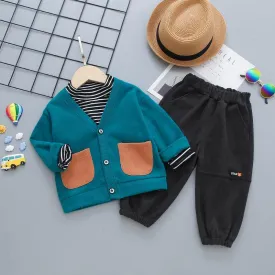 3-piece Pocket Design Cardigan & Striped Sweatshirt & Pants for Children Boy
