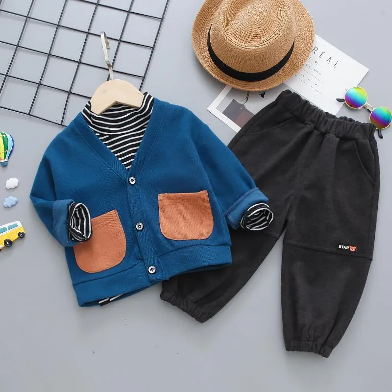 3-piece Pocket Design Cardigan & Striped Sweatshirt & Pants for Children Boy