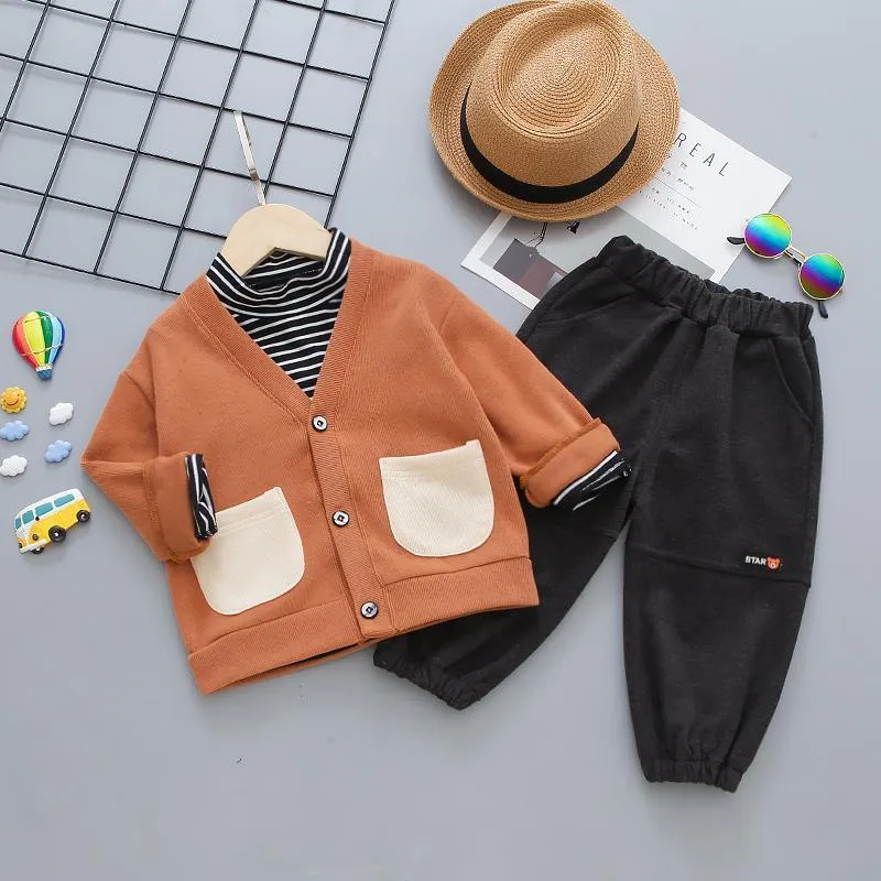 3-piece Pocket Design Cardigan & Striped Sweatshirt & Pants for Children Boy