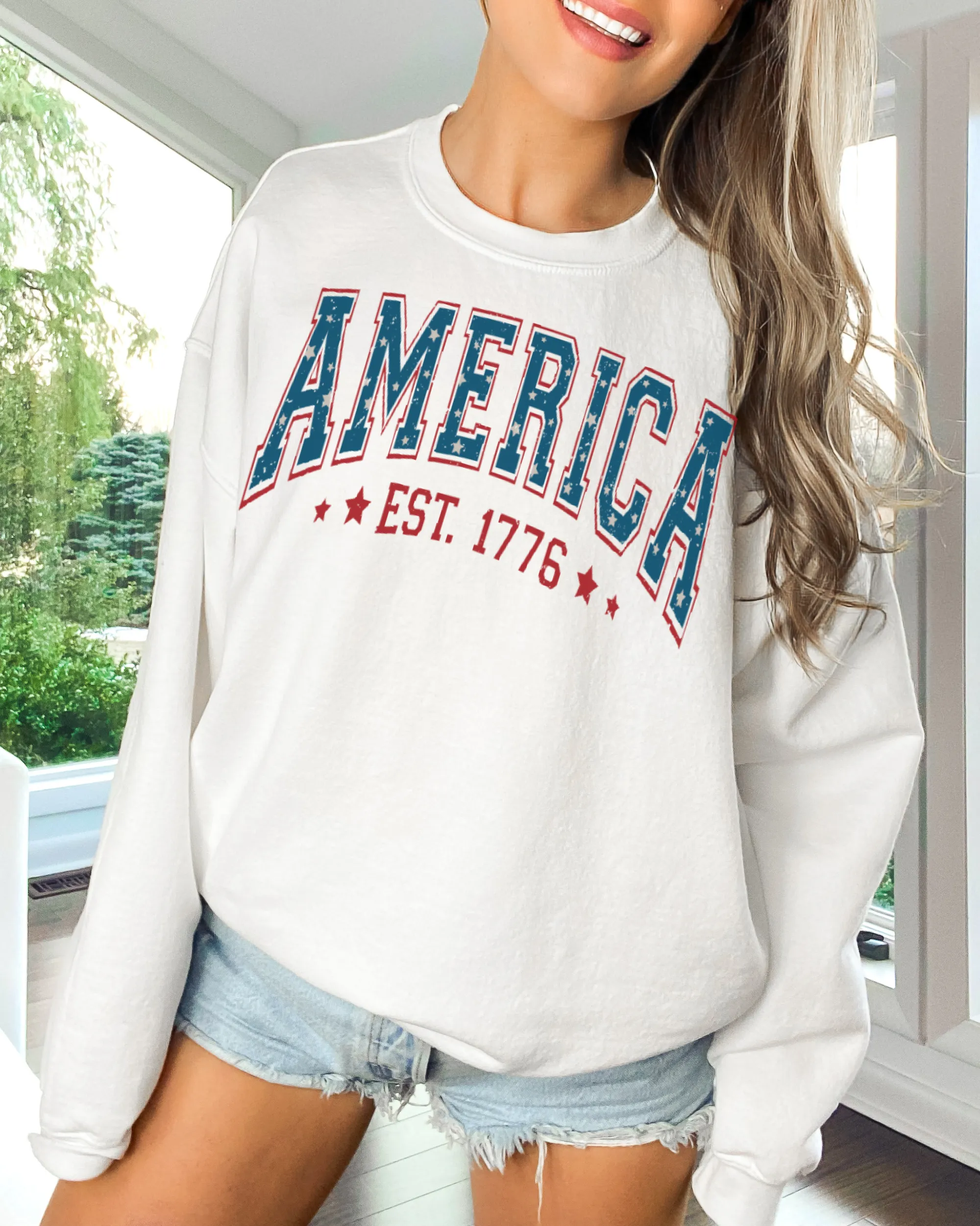 America Est 1776 Women's Sweatshirt, Oversize 4th of July Oversize Varsity Letters Pullover, Ash, Sand, Grey or White