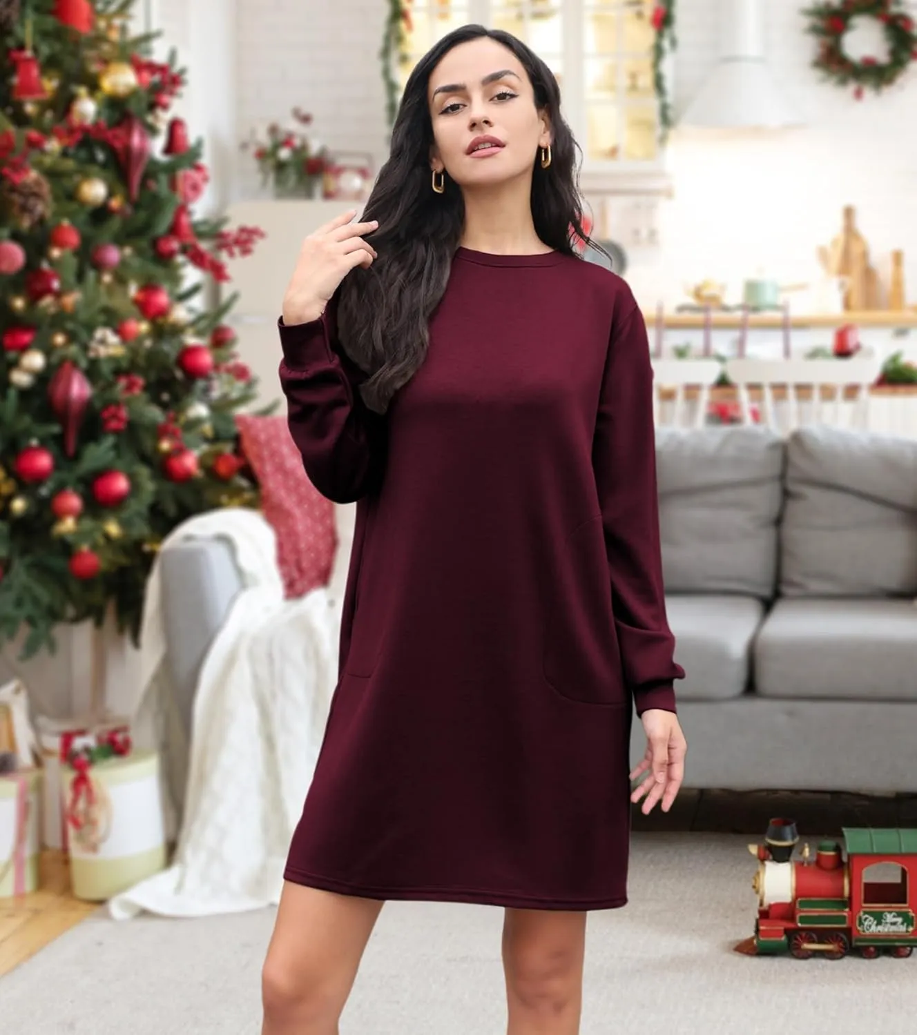 Casual Long Sleeve Sweatshirt Dress Women Air Essentials Crew Neck Dress Tunic Tops with Pockets