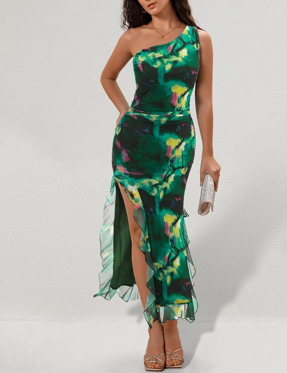 DRESSTELLS Women's Summer Maxi Bodycon Floral Tie Dye Mesh Wedding Guest Club Party Long Split Dresses 2025