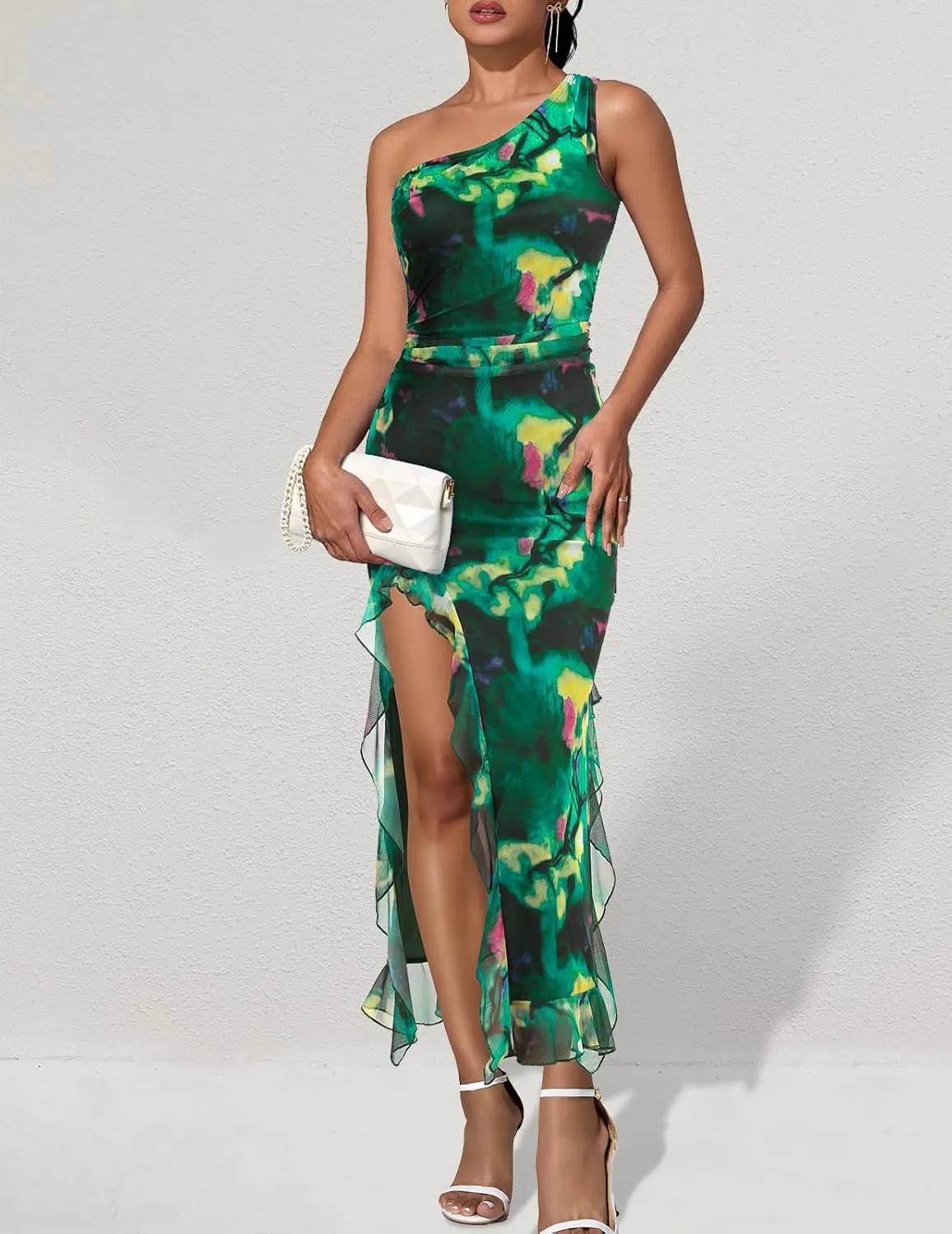 DRESSTELLS Women's Summer Maxi Bodycon Floral Tie Dye Mesh Wedding Guest Club Party Long Split Dresses 2025