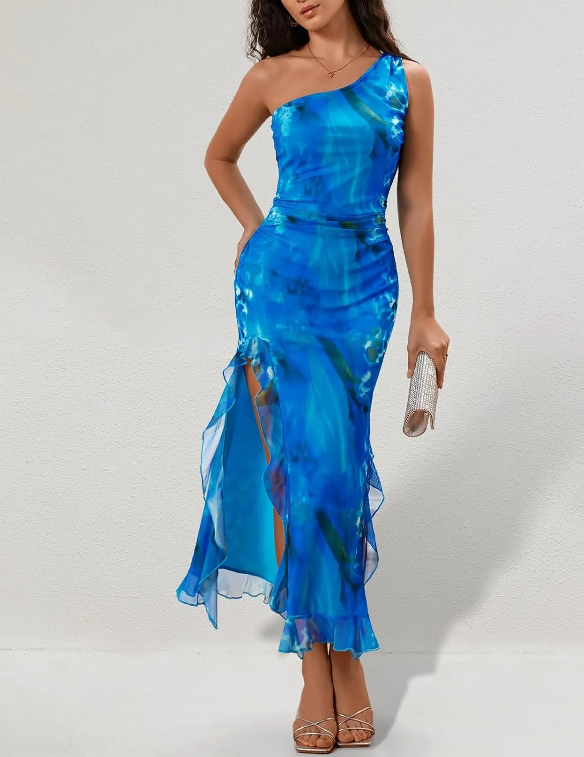 DRESSTELLS Women's Summer Maxi Bodycon Floral Tie Dye Mesh Wedding Guest Club Party Long Split Dresses 2025