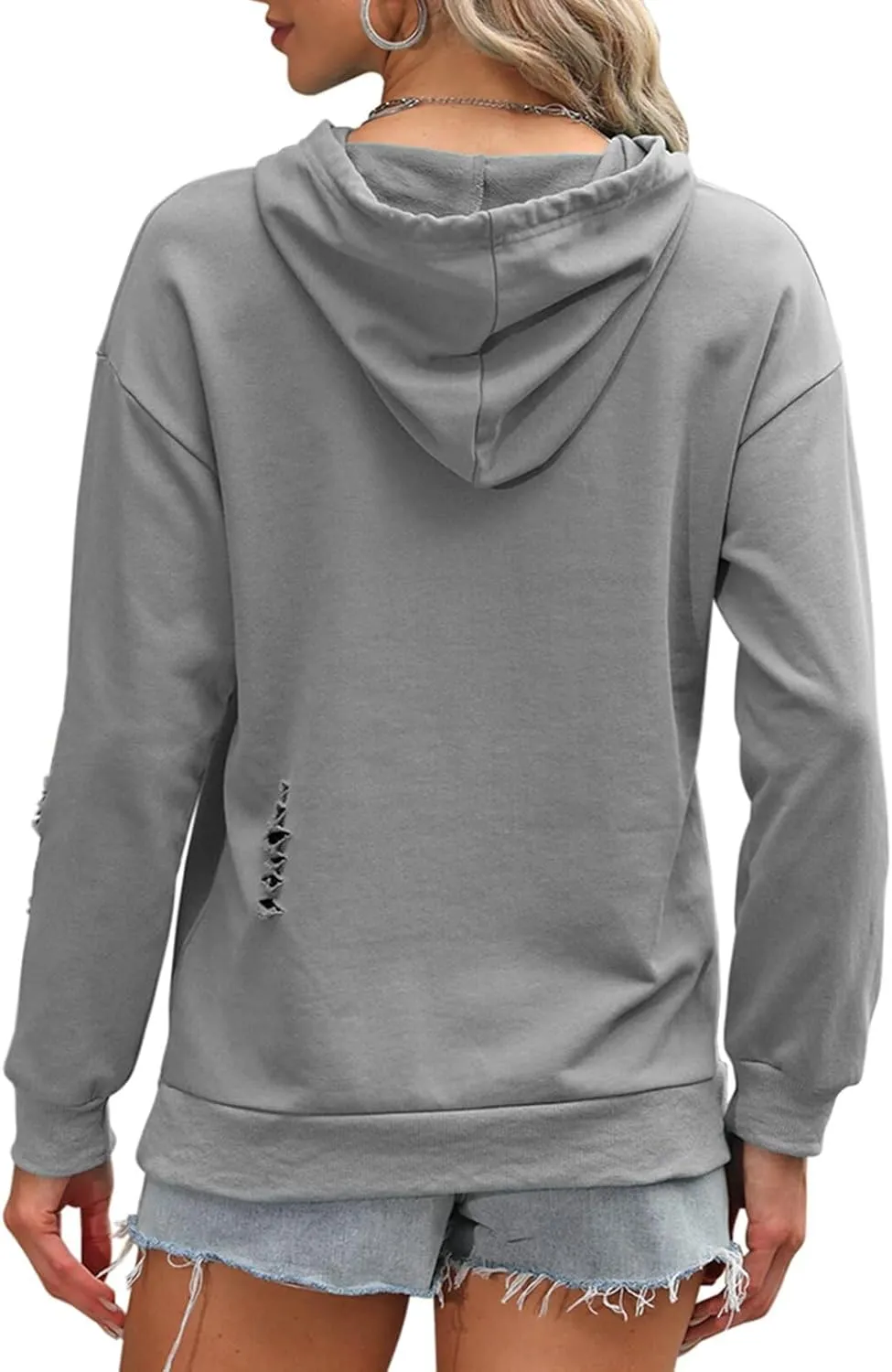 EADINVE Women's Hooded Sweatshirt Hollow Out Distressed Long Sleeve Drawstring Hoodie with Kangaroo Pocket