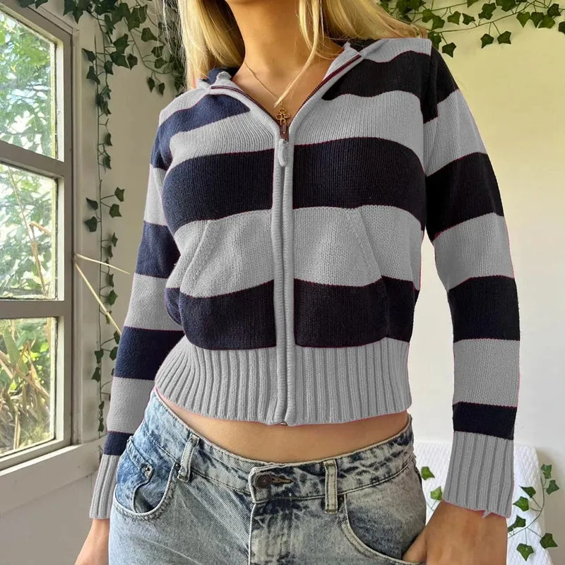 Flytonn-2000s Vintage Women Knit Striped Hoodie Long Sleeve Zip Up Pocket Contrast Hooded Sweatshirt Jacket y2k Autumn Cardigan Coat