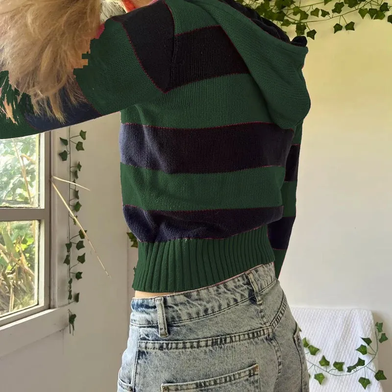 Flytonn-2000s Vintage Women Knit Striped Hoodie Long Sleeve Zip Up Pocket Contrast Hooded Sweatshirt Jacket y2k Autumn Cardigan Coat