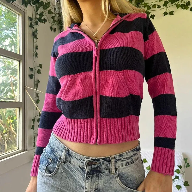 Flytonn-2000s Vintage Women Knit Striped Hoodie Long Sleeve Zip Up Pocket Contrast Hooded Sweatshirt Jacket y2k Autumn Cardigan Coat