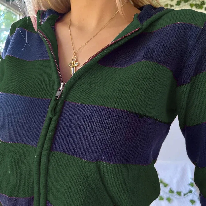 Flytonn-2000s Vintage Women Knit Striped Hoodie Long Sleeve Zip Up Pocket Contrast Hooded Sweatshirt Jacket y2k Autumn Cardigan Coat