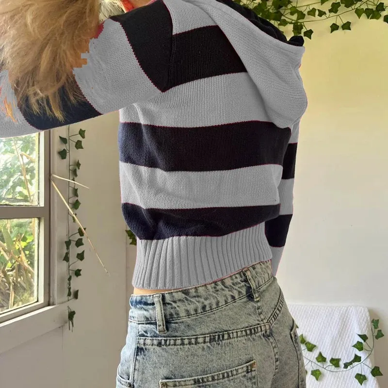 Flytonn-2000s Vintage Women Knit Striped Hoodie Long Sleeve Zip Up Pocket Contrast Hooded Sweatshirt Jacket y2k Autumn Cardigan Coat