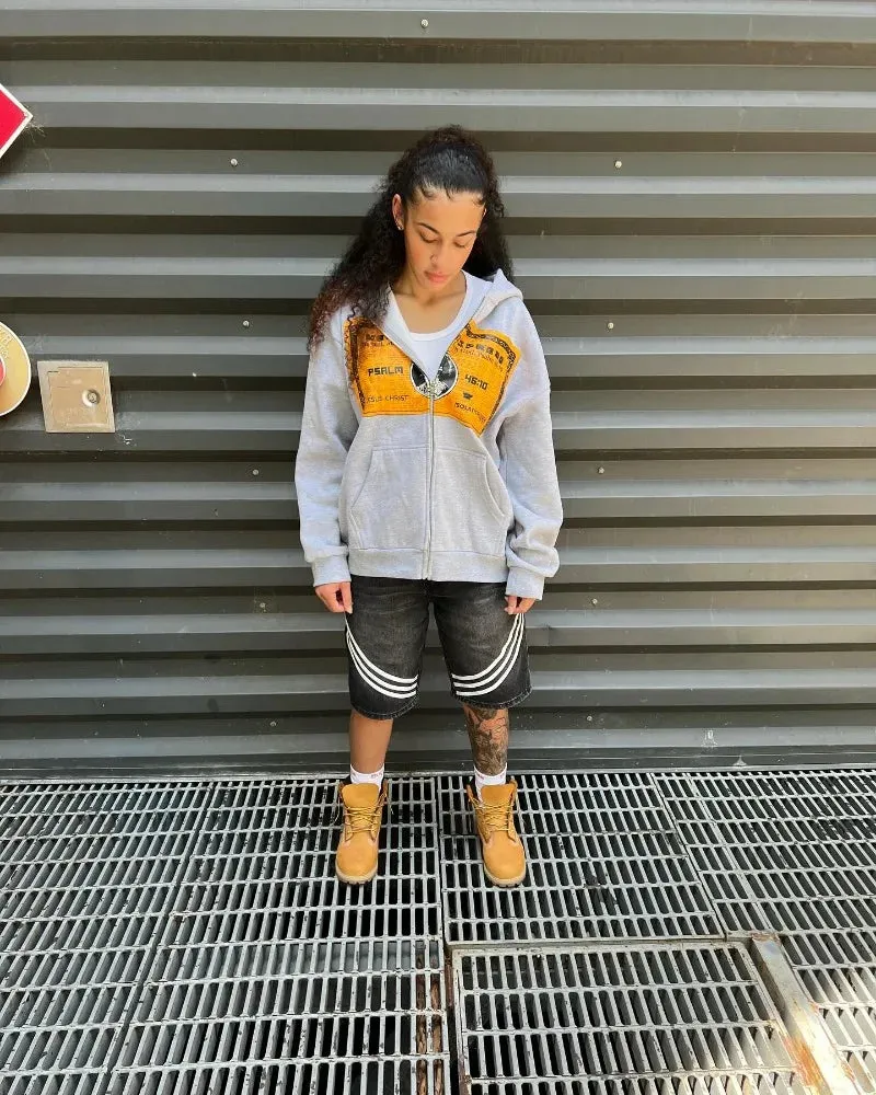 Flytonn- Streetwear y2k 90s Fashion American retro character business card print gray zipper cardigan hoodies women high street popular oversized fashion sweatshirt