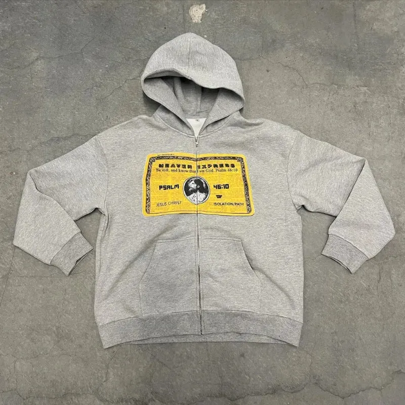 Flytonn- Streetwear y2k 90s Fashion American retro character business card print gray zipper cardigan hoodies women high street popular oversized fashion sweatshirt