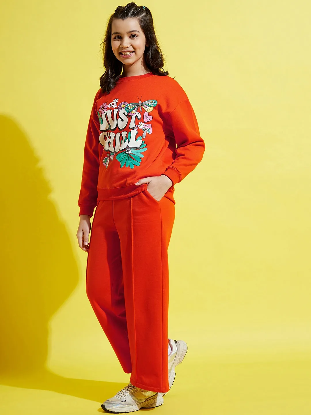 Girls Orange Just Chill Oversize Sweatshirt With Track Pants