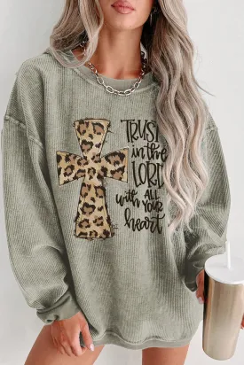 Green Leopard Jesus Cross Corded Oversized Sweatshirt