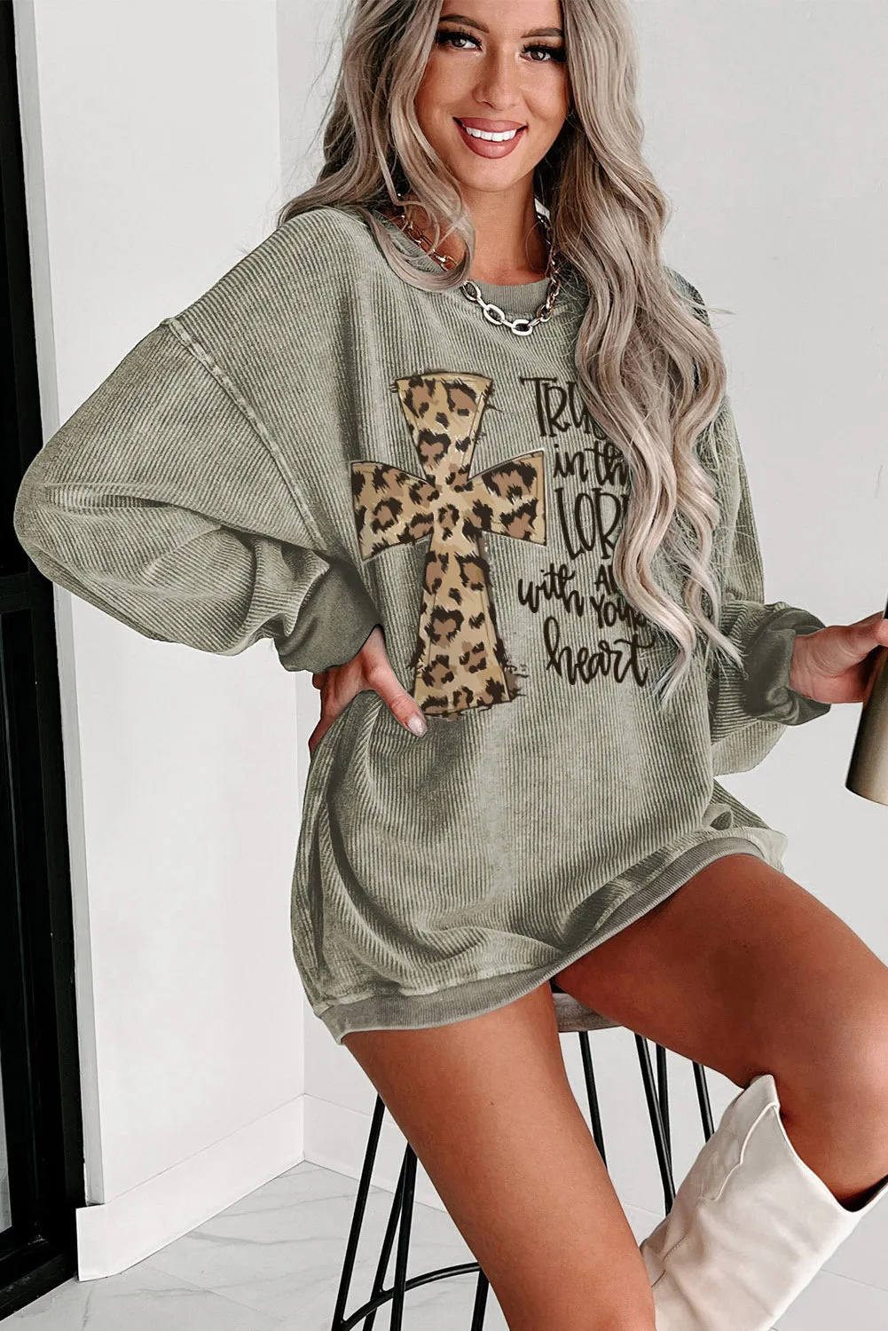 Green Leopard Jesus Cross Corded Oversized Sweatshirt