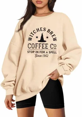 Halloween Sweatshirts for Women Witches Brew Sweatshirt Funny Spooky Season Sweatshirt Ghost Fall Sweater Pullover Tops