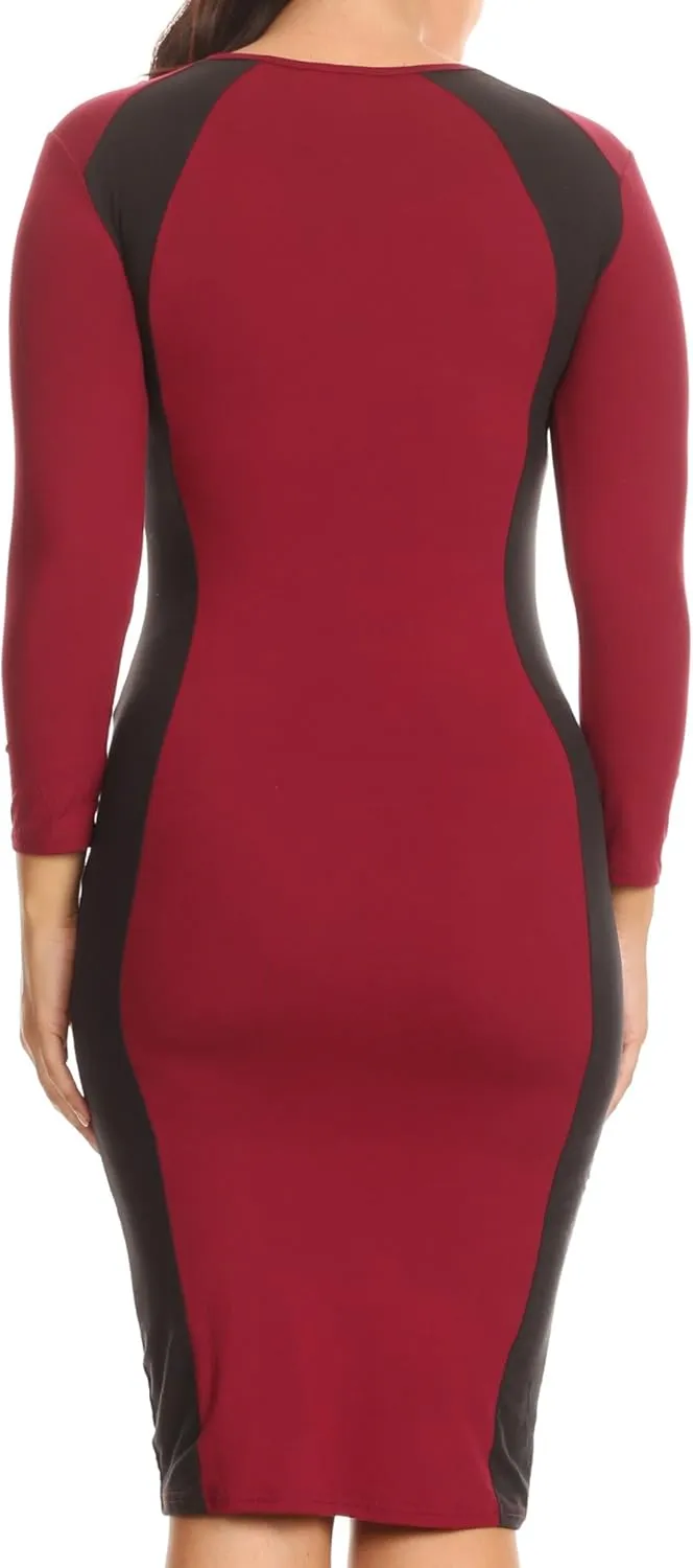 ICONOFLASH Women's 3/4 Sleeves Colorblock Bodycon Midi Dress with Two-Tone Side Panel Contour - S to 3XL