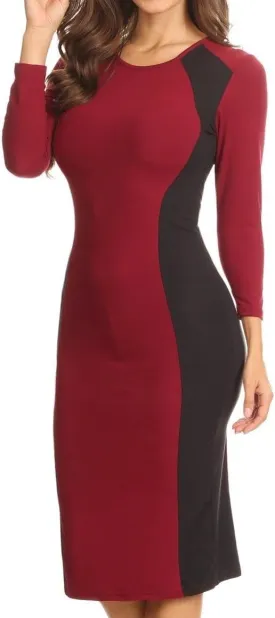 ICONOFLASH Women's 3/4 Sleeves Colorblock Bodycon Midi Dress with Two-Tone Side Panel Contour - S to 3XL