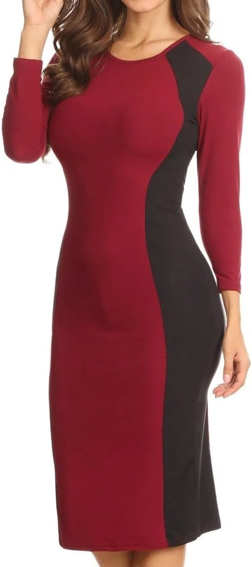 ICONOFLASH Women's 3/4 Sleeves Colorblock Bodycon Midi Dress with Two-Tone Side Panel Contour - S to 3XL
