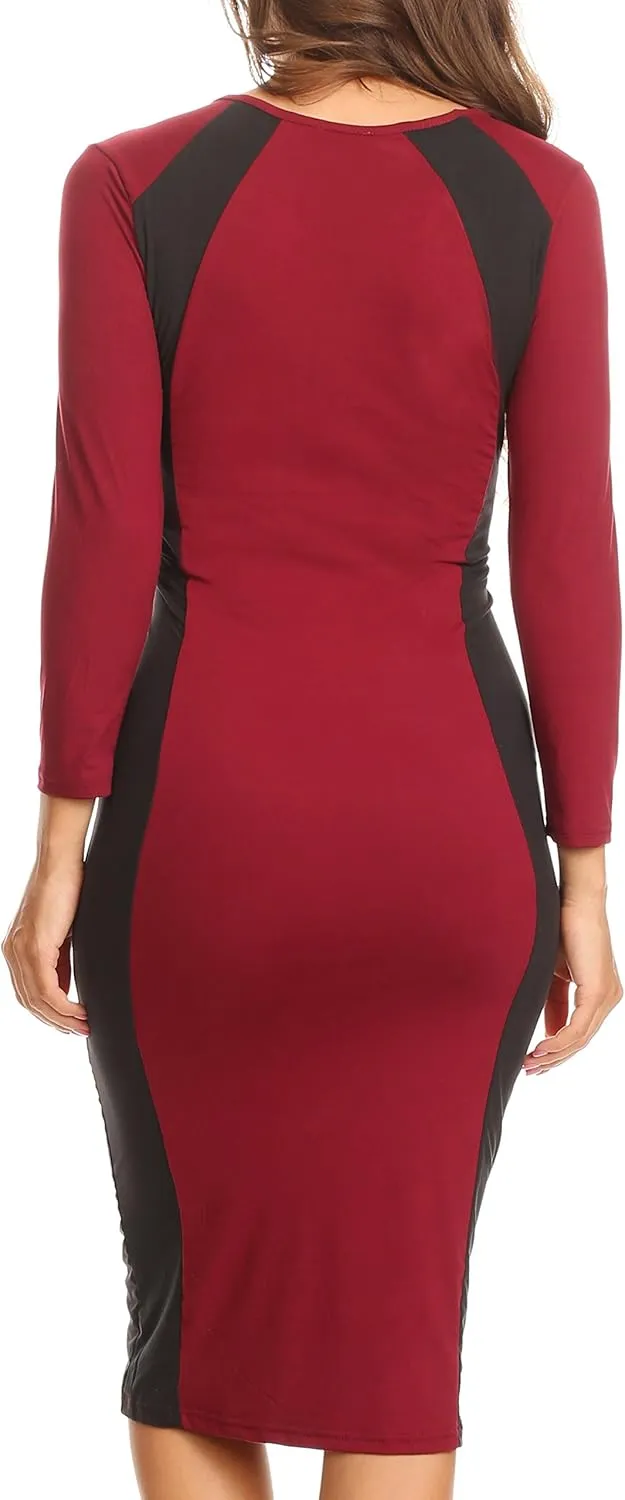 ICONOFLASH Women's 3/4 Sleeves Colorblock Bodycon Midi Dress with Two-Tone Side Panel Contour - S to 3XL