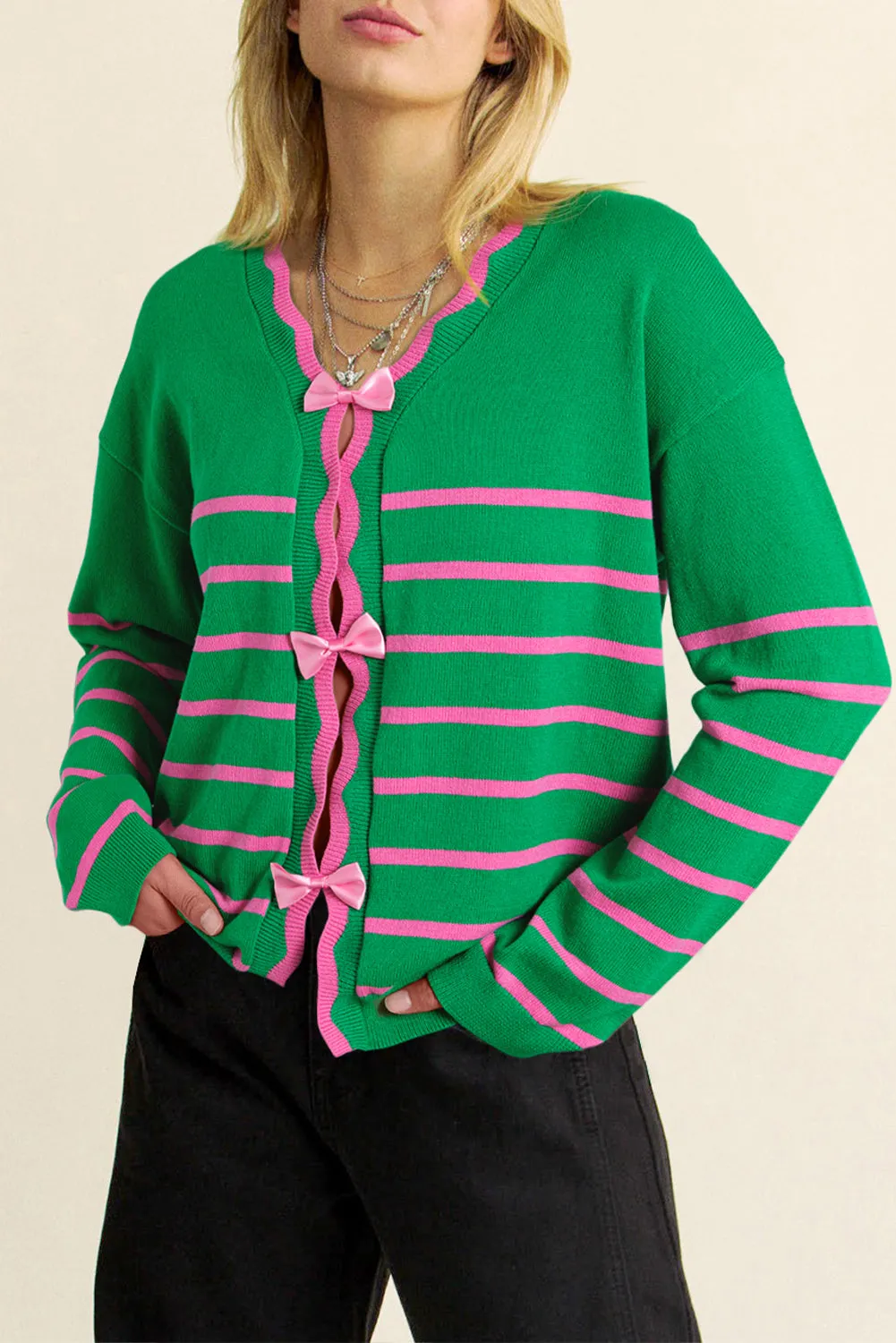 kesley Bow Striped V-Neck Long Sleeve Cardigan