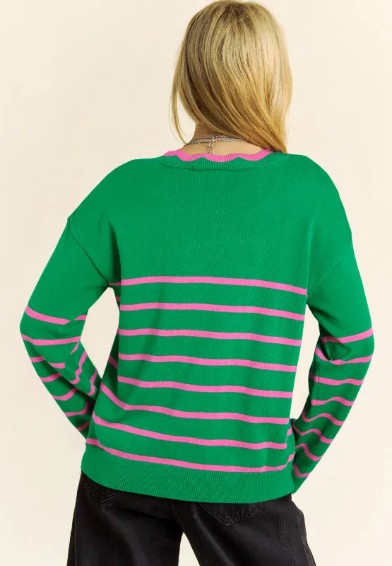 kesley Bow Striped V-Neck Long Sleeve Cardigan