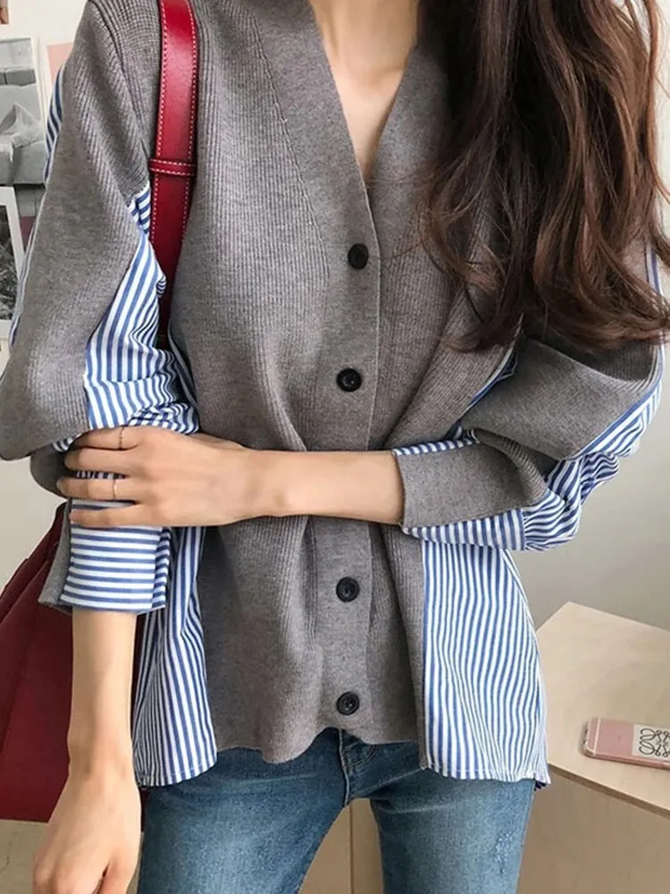 Loose Patchwork Striped Sweater For Women V Neck Long Sleeve Colorblock Knitting Cardigan Female Autumn Clothes
