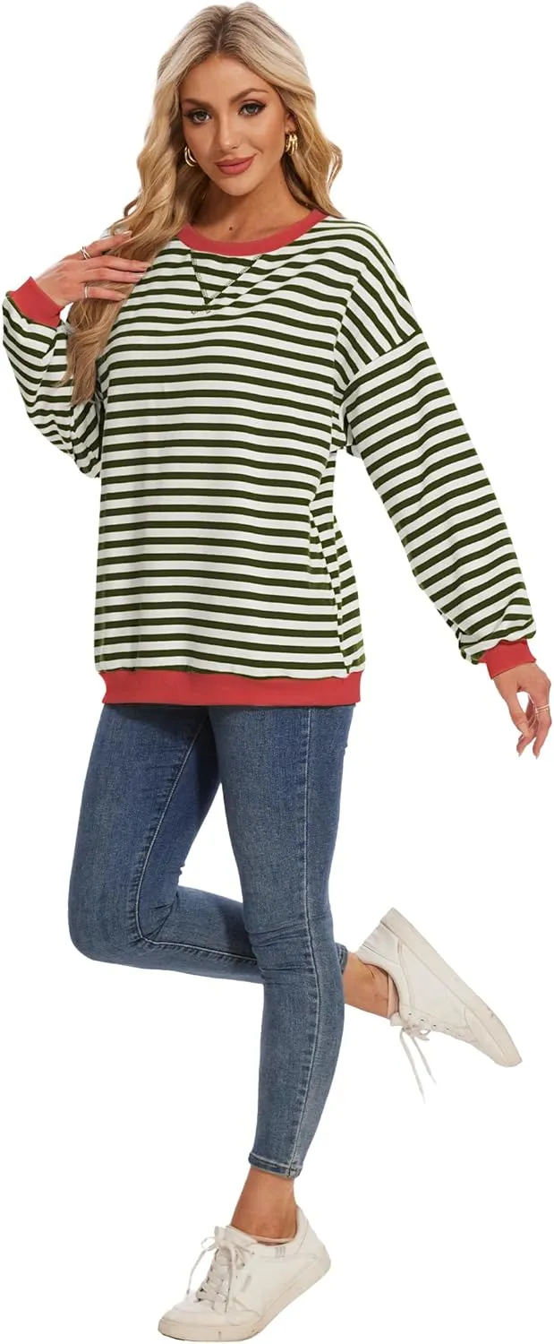 LOZ Women Striped Oversized Sweatshirt Long Sleeve Crewneck Hoodies Shirts Pullover Top Trendy Clothes with Pockets