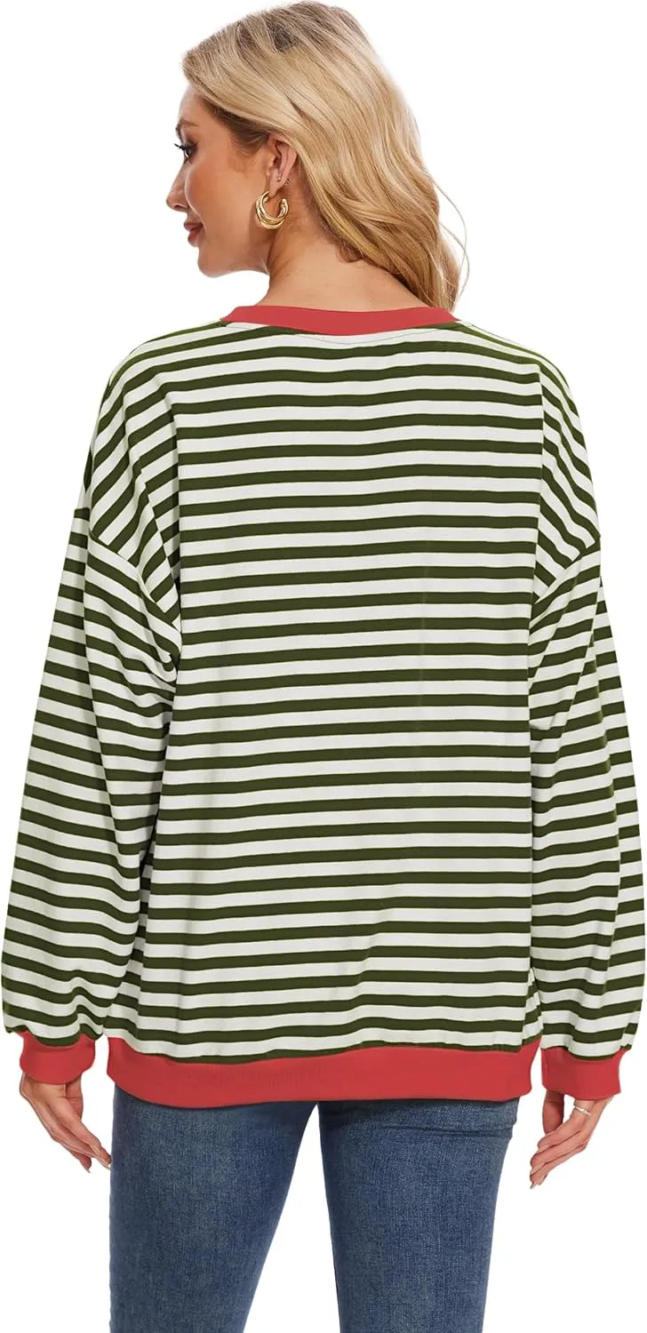LOZ Women Striped Oversized Sweatshirt Long Sleeve Crewneck Hoodies Shirts Pullover Top Trendy Clothes with Pockets