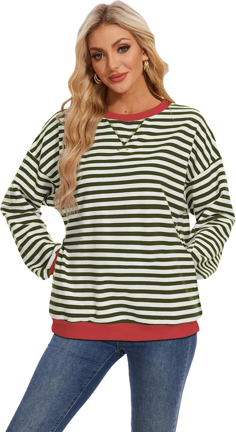 LOZ Women Striped Oversized Sweatshirt Long Sleeve Crewneck Hoodies Shirts Pullover Top Trendy Clothes with Pockets