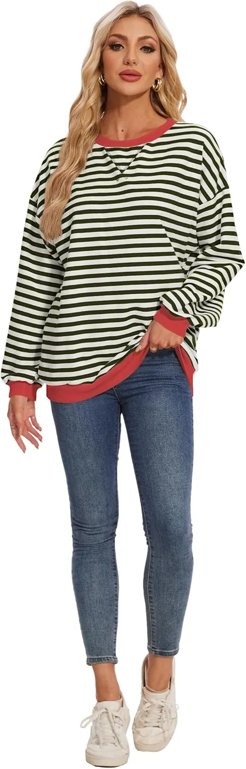 LOZ Women Striped Oversized Sweatshirt Long Sleeve Crewneck Hoodies Shirts Pullover Top Trendy Clothes with Pockets