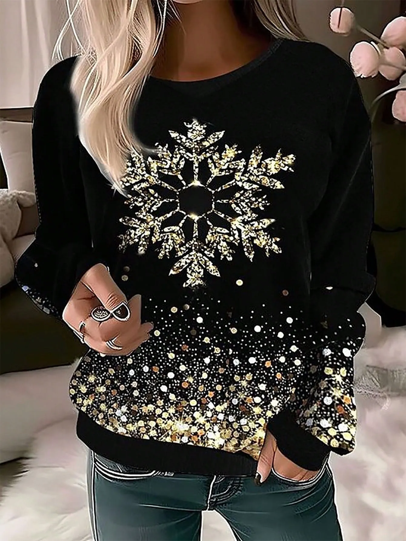 LUNE Women's Round Neck Long Sleeve Sweatshirt With Tiger, Plant, Sun Abstract Patterns, Soft Knit, Autumn/Winter