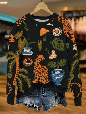 LUNE Women's Round Neck Long Sleeve Sweatshirt With Tiger, Plant, Sun Abstract Patterns, Soft Knit, Autumn/Winter