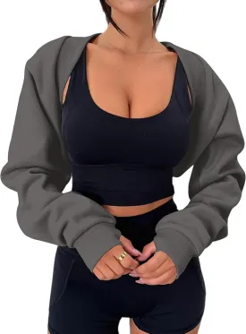 MISSACTIVER Women's Long Sleeve With Thumb Hole Bolero Shrug Top Open Front Fleece Loose Fit Cropped Shawl Sweatshirt Workout