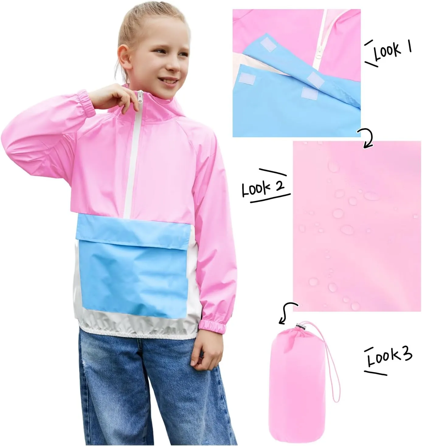 MODAFANS Girls Boys Rain Jacket Lightweight Waterproof Packable Hooded Half zip RainCoats Windbreaker for Outdoor 4-13Year
