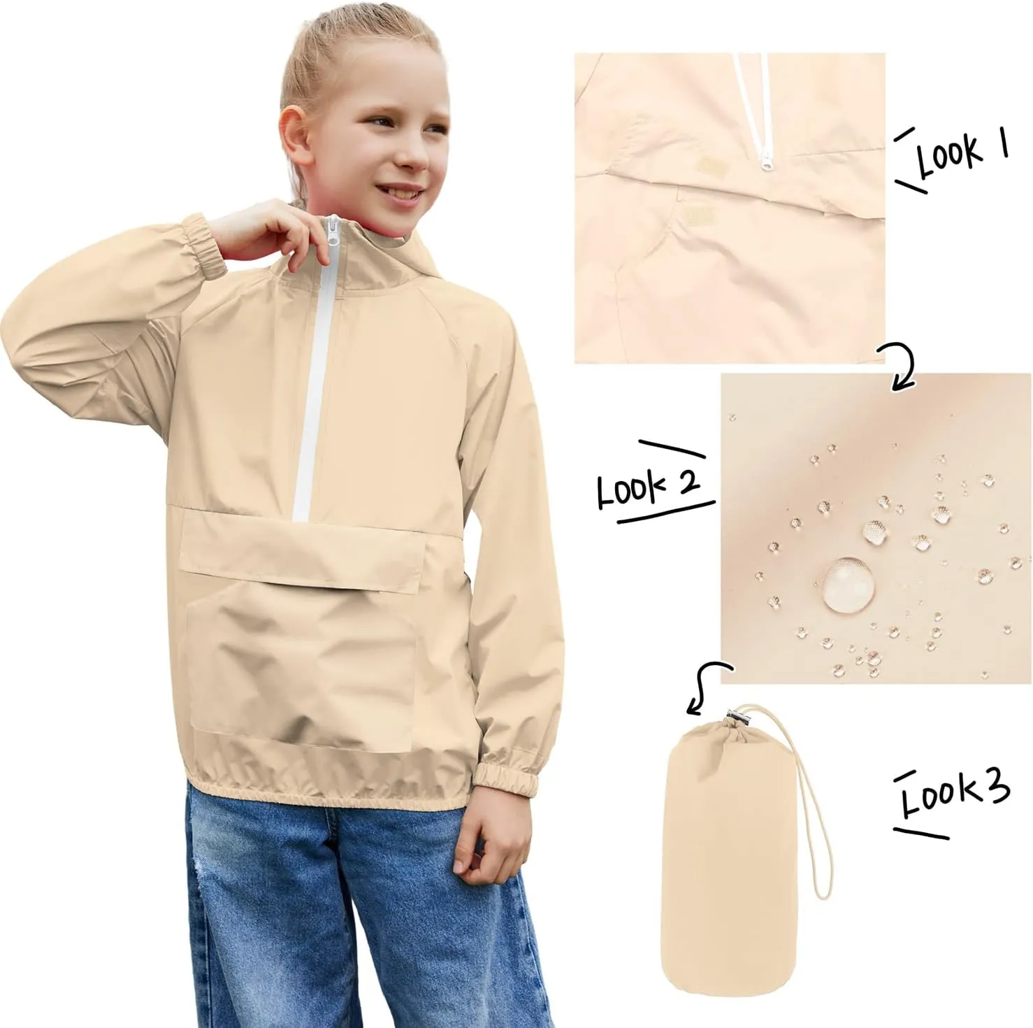 MODAFANS Girls Boys Rain Jacket Lightweight Waterproof Packable Hooded Half zip RainCoats Windbreaker for Outdoor 4-13Year
