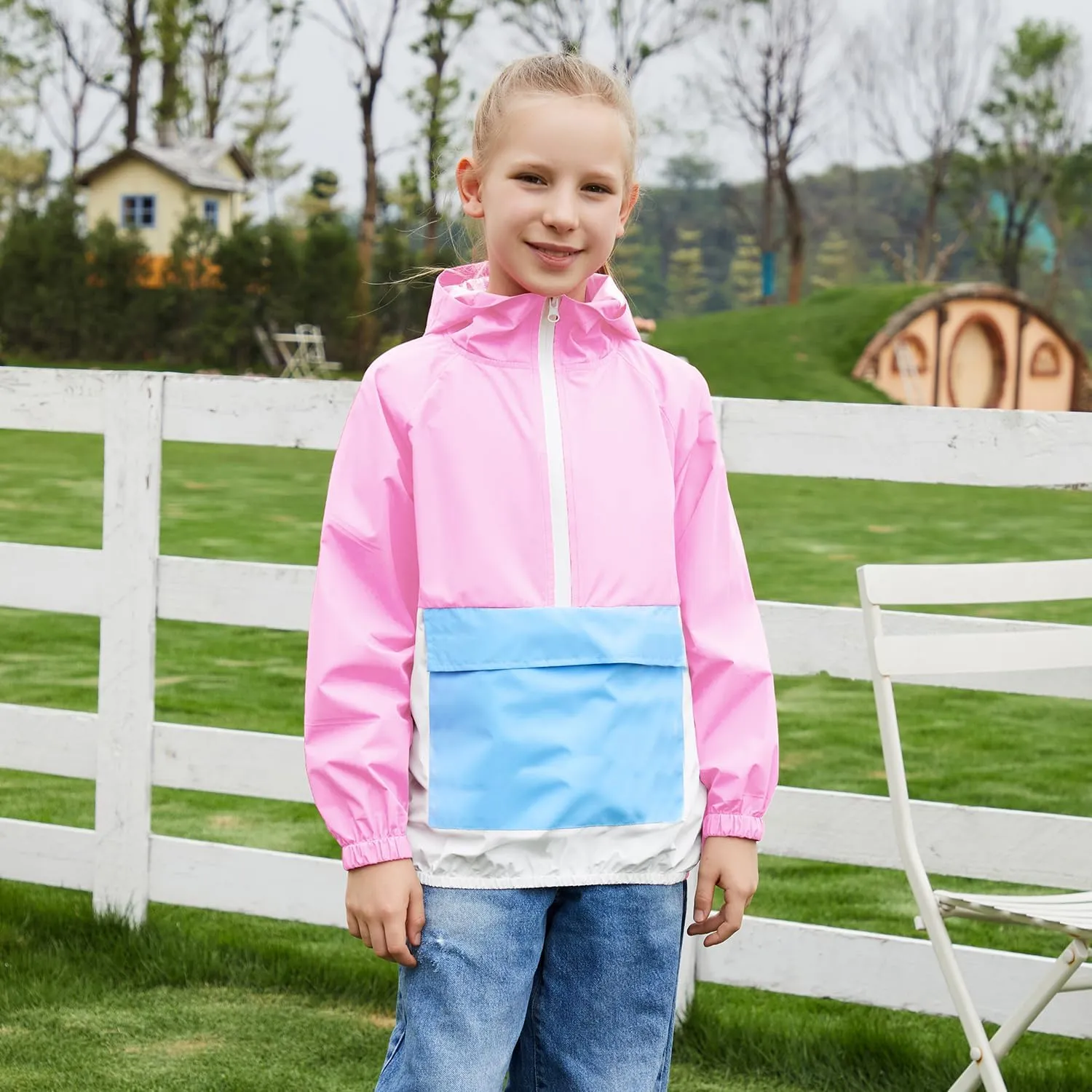 MODAFANS Girls Boys Rain Jacket Lightweight Waterproof Packable Hooded Half zip RainCoats Windbreaker for Outdoor 4-13Year