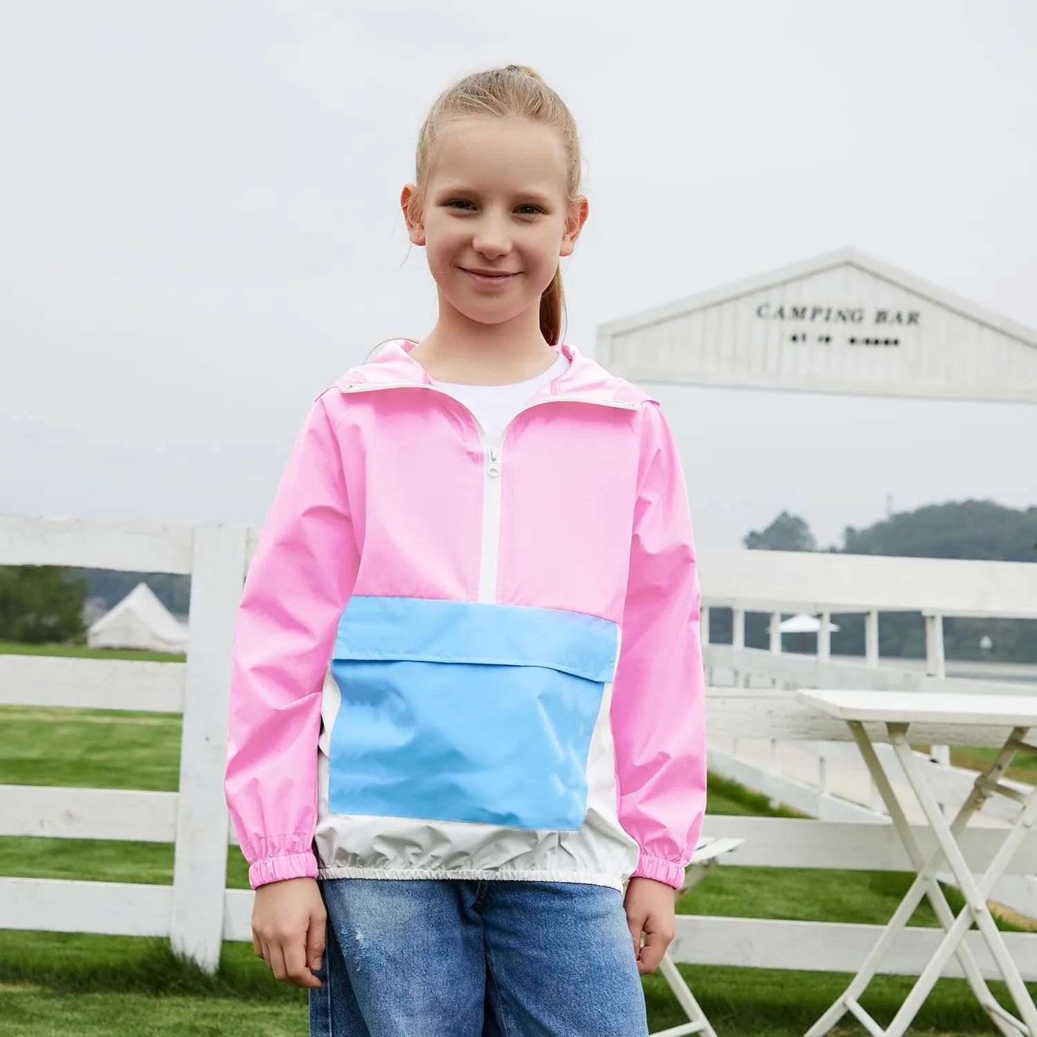 MODAFANS Girls Boys Rain Jacket Lightweight Waterproof Packable Hooded Half zip RainCoats Windbreaker for Outdoor 4-13Year