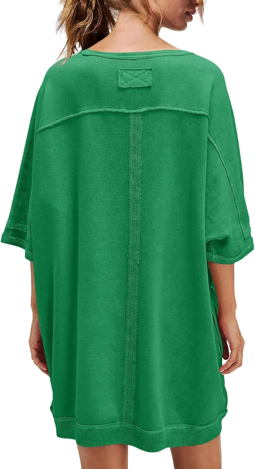 Nirovien Women's Oversized Sweatshirt Dress 3/4 Sleeve Crewneck Tunic Sweatshirts Casual Long Pullover with Pockets