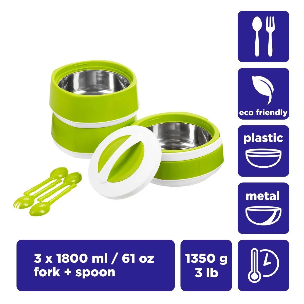 Phoenix Set of 3 Green Stackable Plastic Lunch Boxes | 61 oz | Stainless Steel Insulation