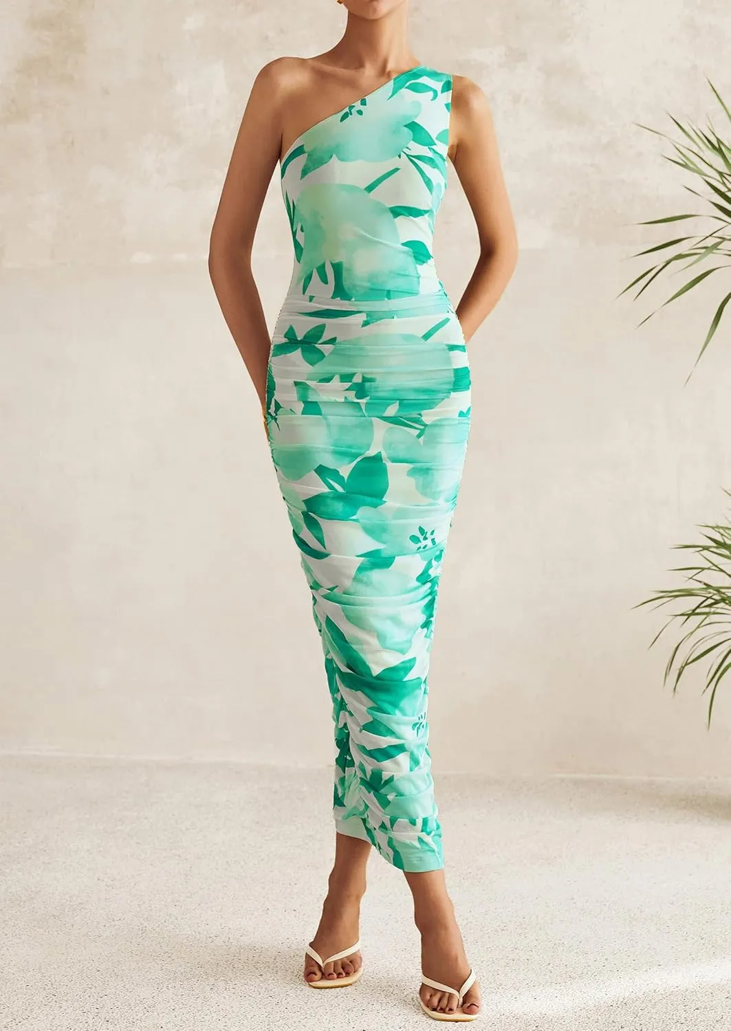 PRETTYGARDEN Women's One Shoulder Bodycon Dresses Summer 2025 Ruched Floral Beach Cocktail Wedding Guest Dress