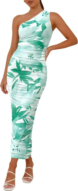 PRETTYGARDEN Women's One Shoulder Bodycon Dresses Summer 2025 Ruched Floral Beach Cocktail Wedding Guest Dress