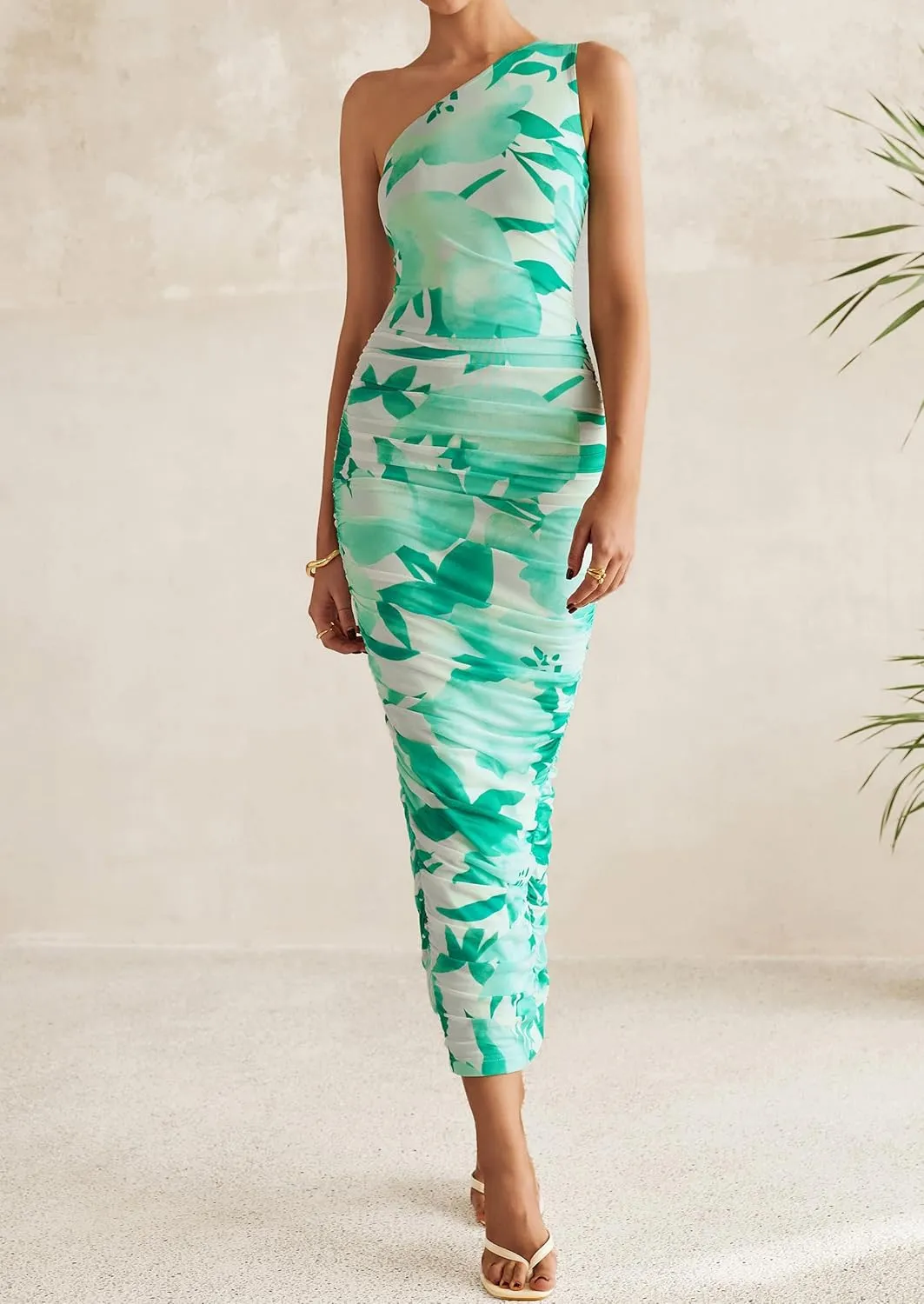 PRETTYGARDEN Women's One Shoulder Bodycon Dresses Summer 2025 Ruched Floral Beach Cocktail Wedding Guest Dress
