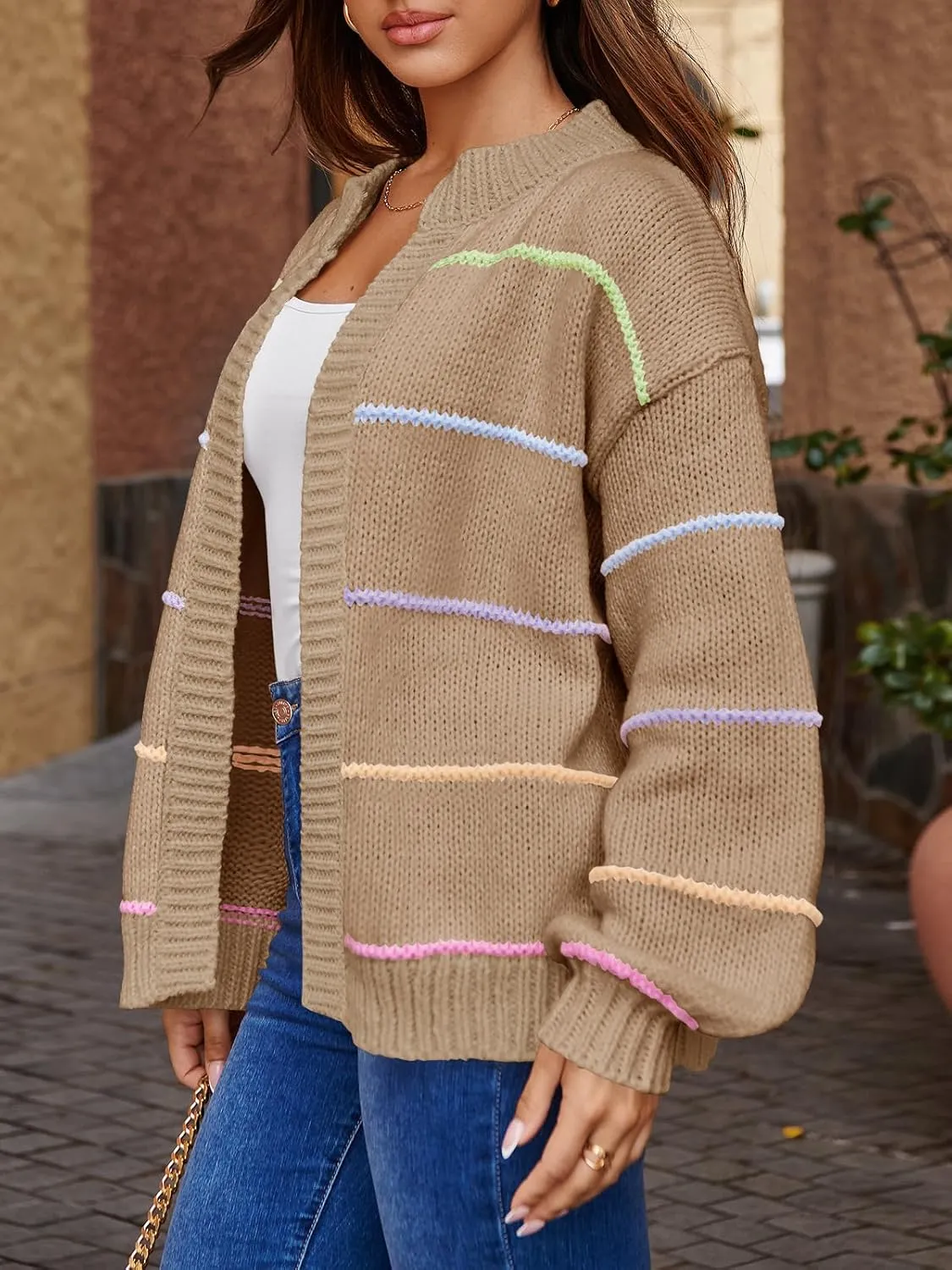 Saodimallsu Womens Color Block Cardigan Sweater Striped Open Front 2024 Fall Chunky Trendy Knit Loose Sweater Coats