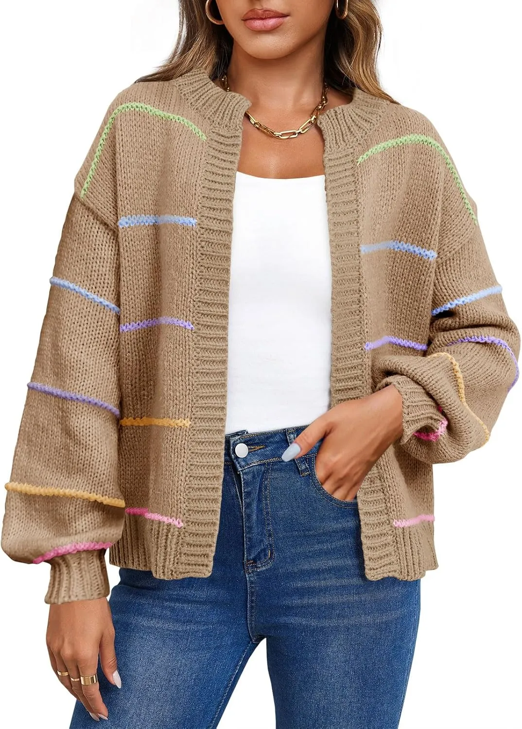 Saodimallsu Womens Color Block Cardigan Sweater Striped Open Front 2024 Fall Chunky Trendy Knit Loose Sweater Coats