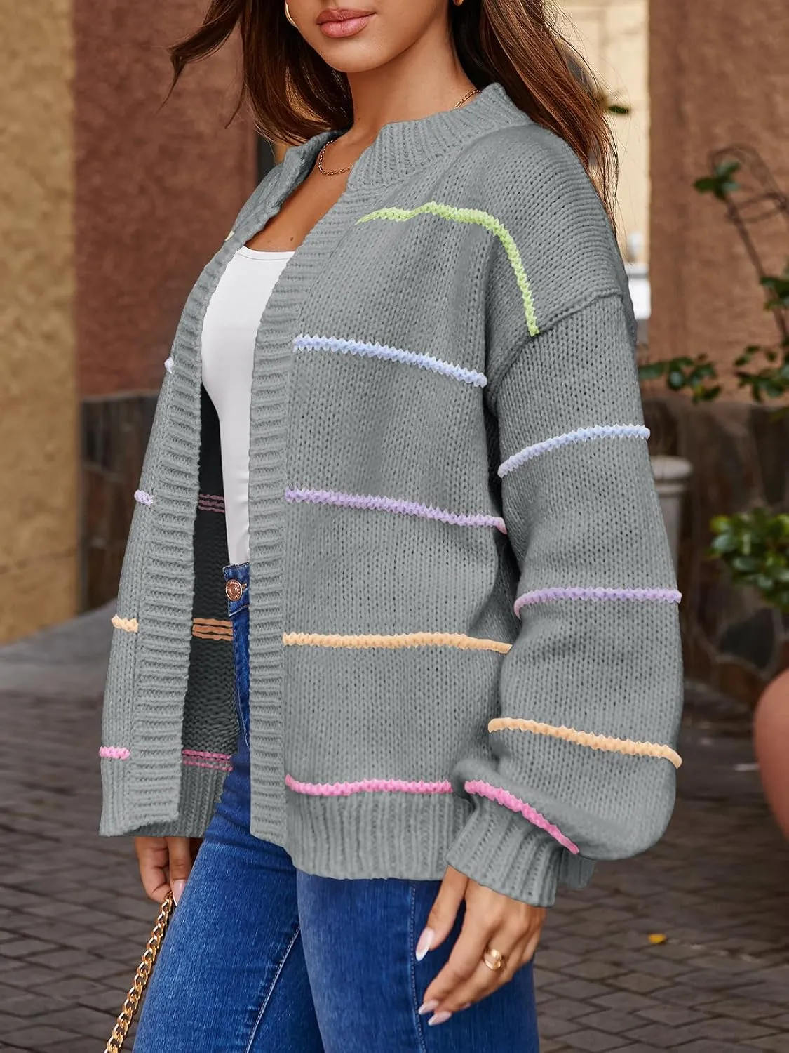Saodimallsu Womens Color Block Cardigan Sweater Striped Open Front 2024 Fall Chunky Trendy Knit Loose Sweater Coats